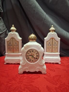 Vintage Avon Milk Glass Vanity Set - Clock & Armoires (Set of 3)